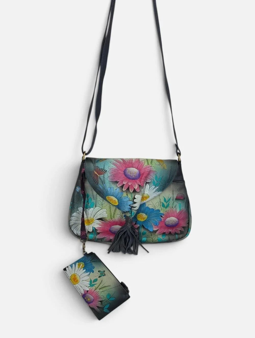 Anna by Anuschka Flap Hobo-8286 Hand Painted Floral Leather Crossbody Bag Tassel